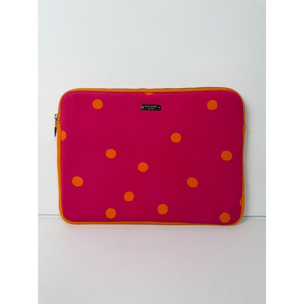 Kate Spade Pink Orange Polka Dot Laptop Sleeve Case 13" Neoprene Gold Zip